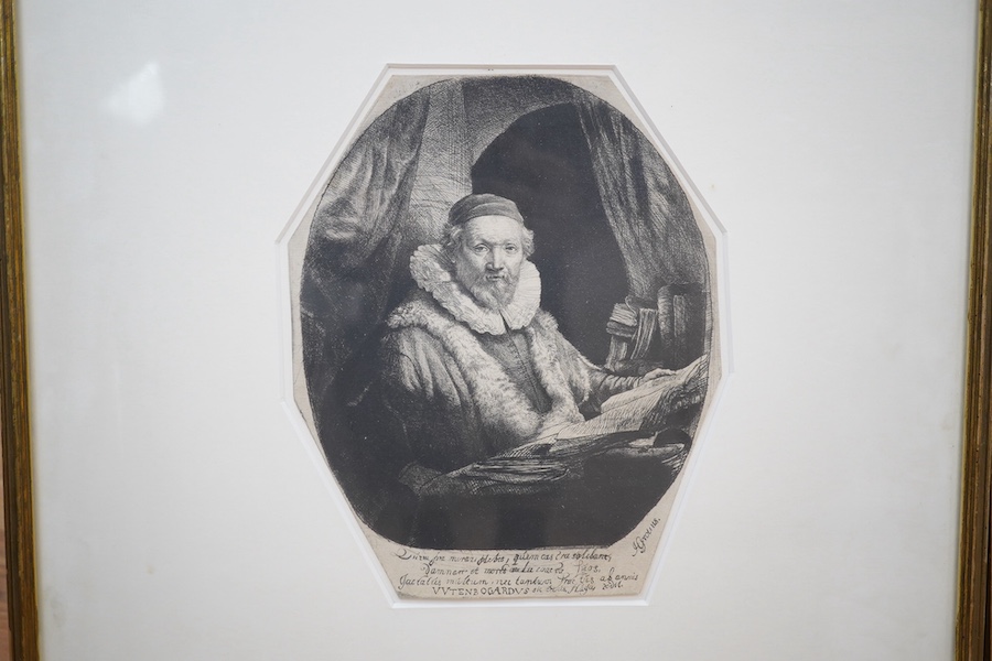 After Rembrandt (Dutch, 1606-1669), two 19th century etchings comprising Self portrait and ‘J Wtenbogaert, American preacher’, one signed in the plate, largest 23 x 18cm. Condition - fair